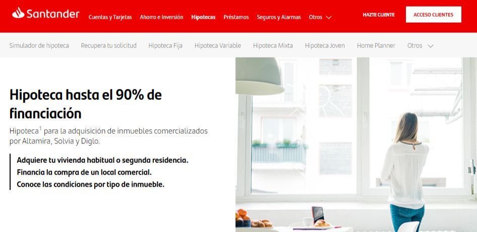 Captura de pantalla de Hipoteca al 90% de Santander España.