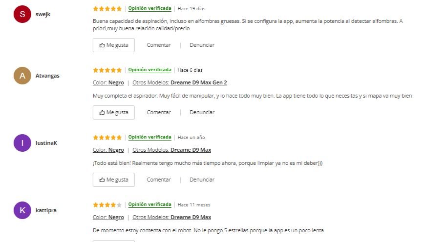 Opiniones de los usuarios en Pc Component sobre Dreame D9 MAX Robot