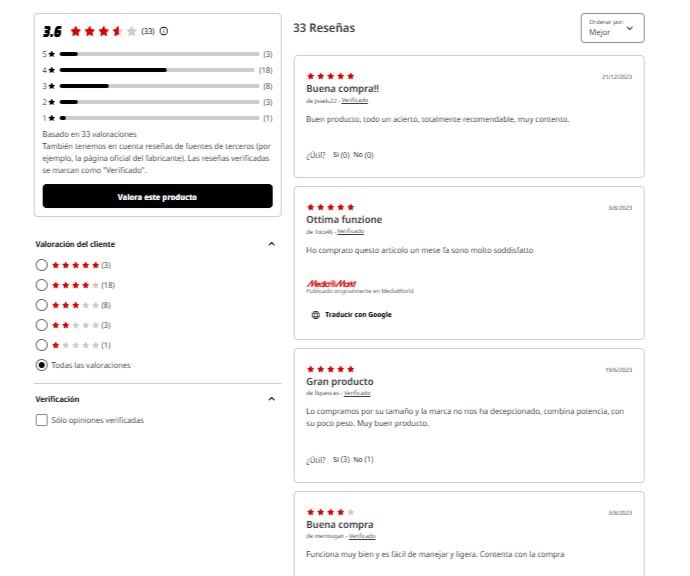 Captura de pantalla de Opiniones de los Usuarios sobre la Rowenta X-Nano RH1129 en MediaMarkt