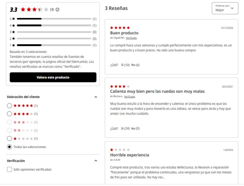 Captura de pantalla de Opiniones Orbegozo HCE 73 - Estufa de gas butano, cerÃ¡mica, 4200 W en mediamarkt