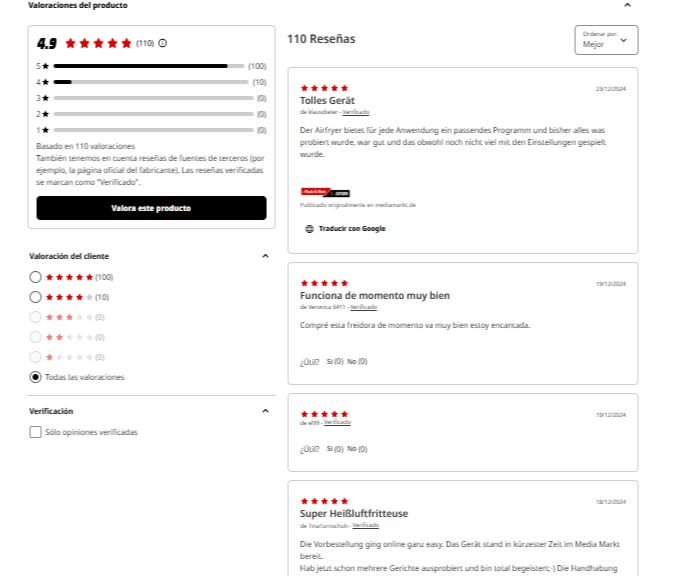 Captura de Pantalla de Opiniones de Usuarios de la COSORI Air Fryer en MediaMarkt