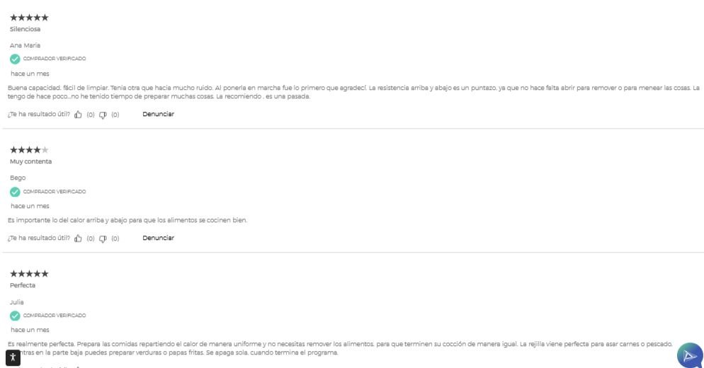 Captura de Pantalla de Opiniones de Usuarios de la COSORI Air Fryer en el corte InglÃ©s
